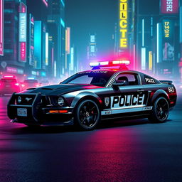 A striking 2005 Mustang police car depicted in a cyberpunk style