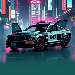 A striking 2005 Mustang police car depicted in a cyberpunk style