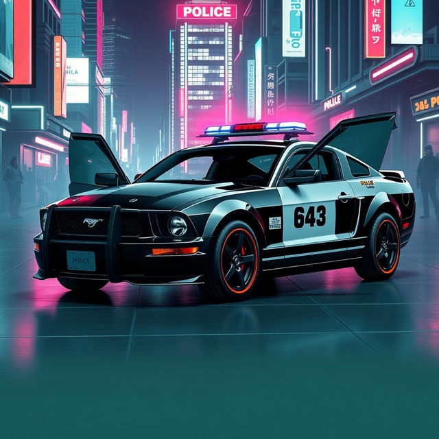 A striking 2005 Mustang police car depicted in a cyberpunk style