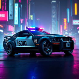 A striking 2005 Mustang police car depicted in a cyberpunk style