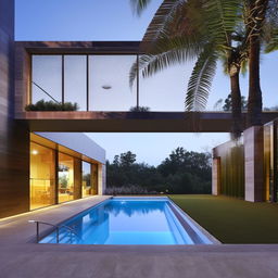 Modern house with expansive high windows, complemented by a stunning outdoor area; a basketball court, a tennis court, and a gleaming swimming pool.