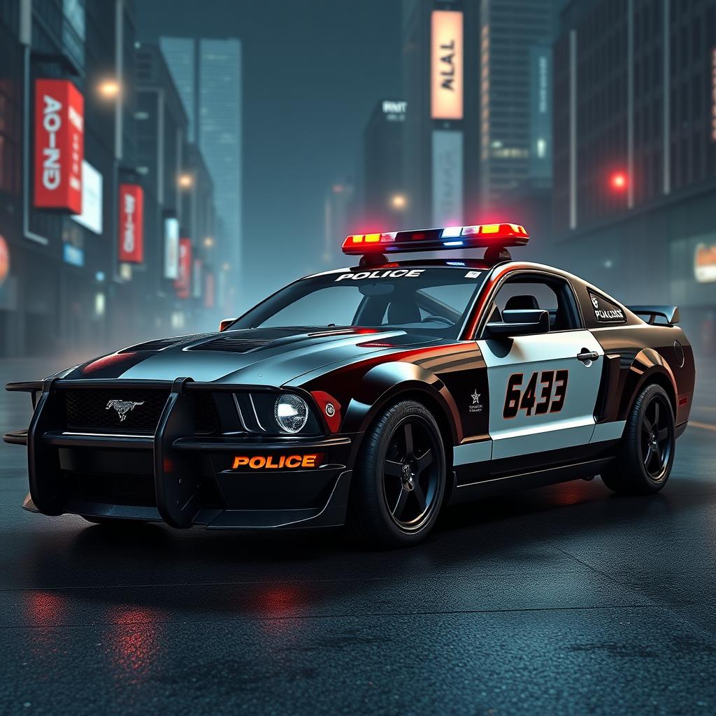 A sleek 2005 Mustang police car, features a glossy black body with contrasting white doors