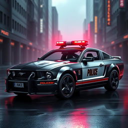 A sleek 2005 Mustang police car, features a glossy black body with contrasting white doors