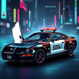 A sleek 2005 Mustang police car, features a glossy black body with contrasting white doors