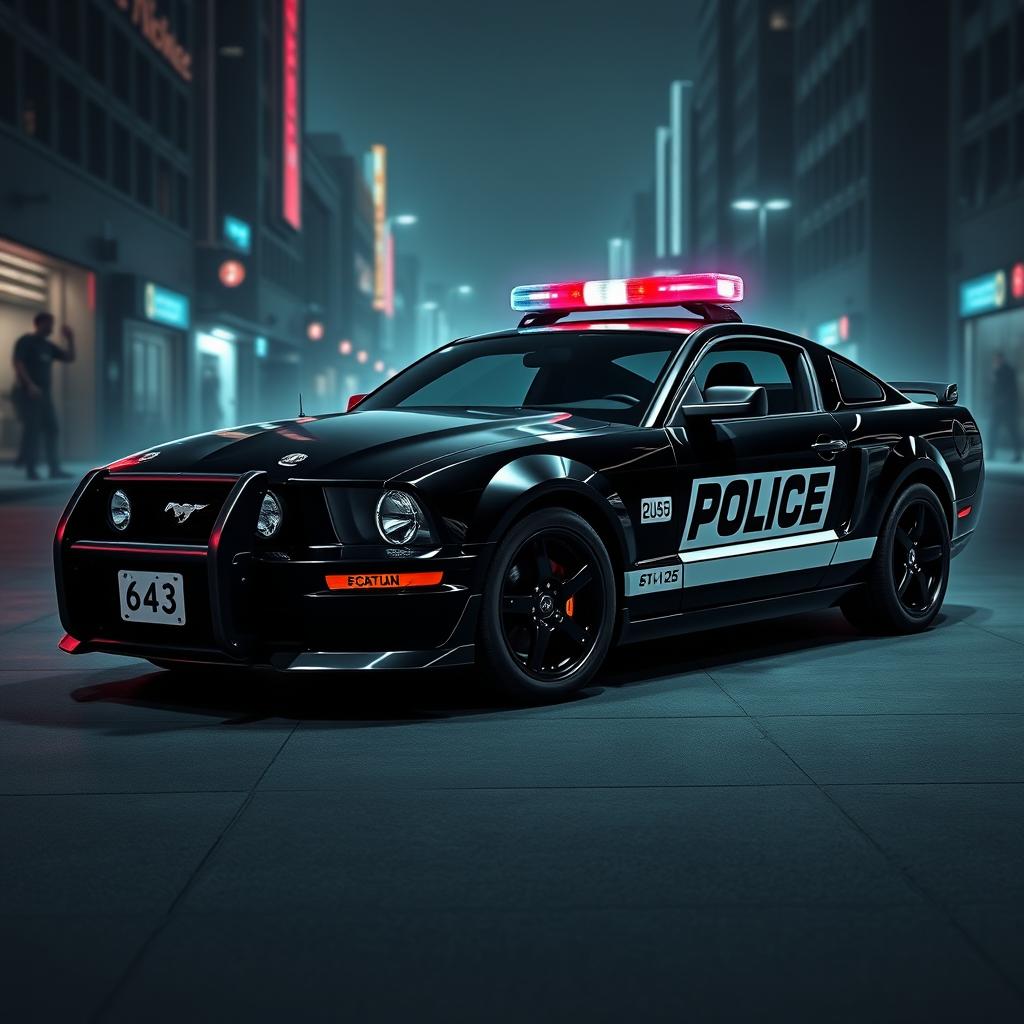 A sleek 2005 Mustang police car, features a glossy black body with contrasting white doors