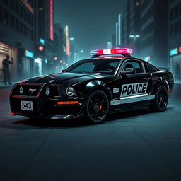 A sleek 2005 Mustang police car, features a glossy black body with contrasting white doors