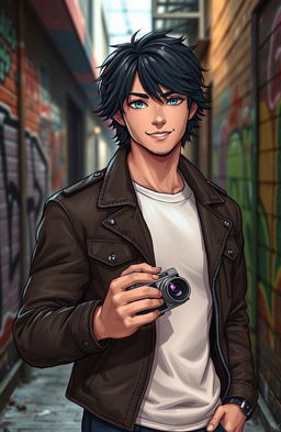 An original character, a handsome man with medium-length dark hair and striking blue eyes, wearing a rugged leather jacket over a white t-shirt