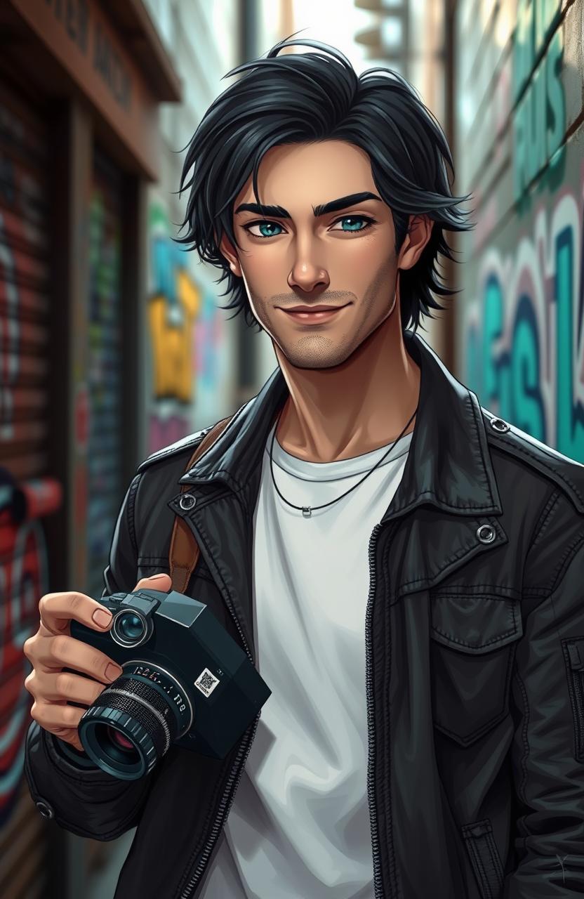 An original character, a handsome man with medium-length dark hair and striking blue eyes, wearing a rugged leather jacket over a white t-shirt