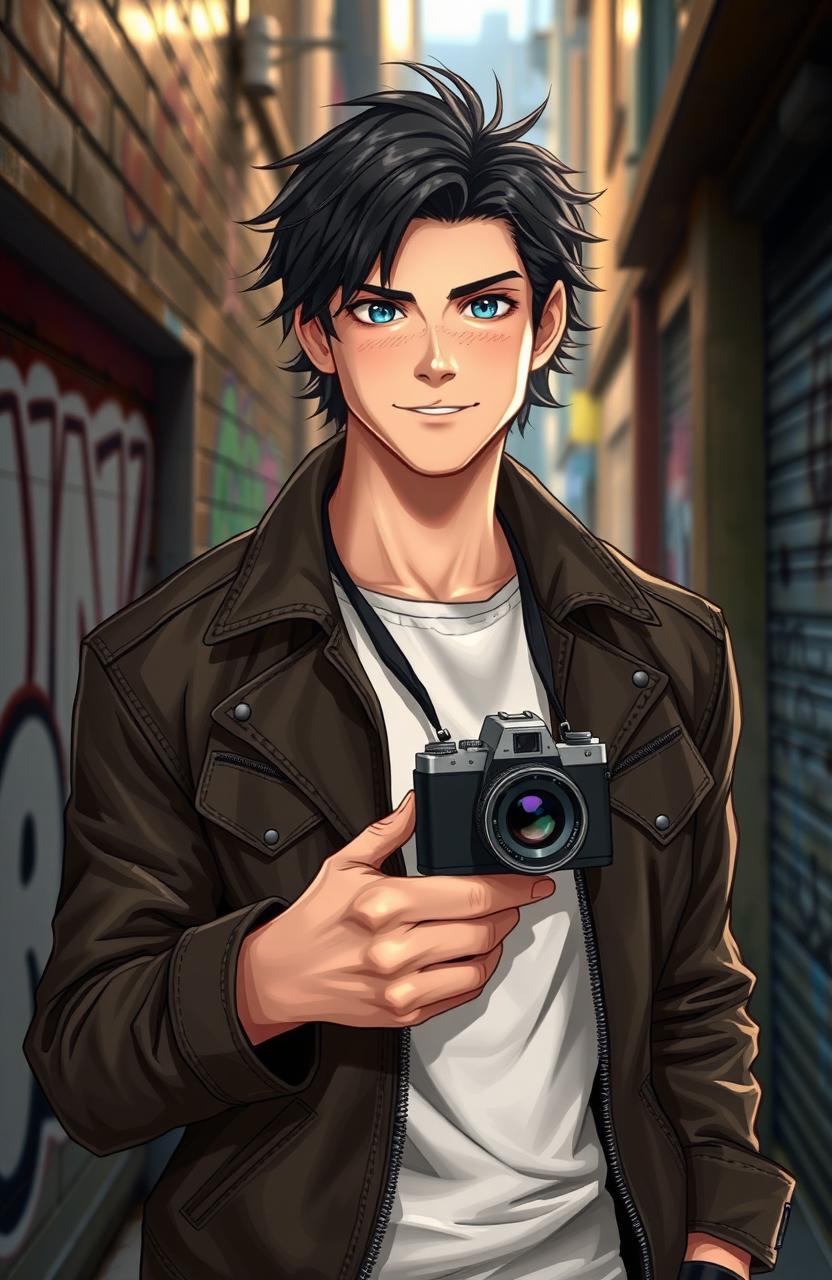 An original character, a handsome man with medium-length dark hair and striking blue eyes, wearing a rugged leather jacket over a white t-shirt