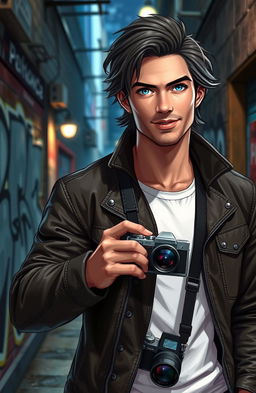 An original character, a handsome man with medium-length dark hair and striking blue eyes, wearing a rugged leather jacket over a white t-shirt