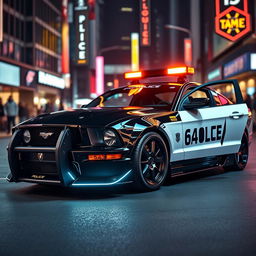 A 2005 Mustang modified into a striking police car featuring a sleek black body paired with bold white doors