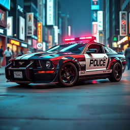 A 2005 Mustang modified into a striking police car featuring a sleek black body paired with bold white doors