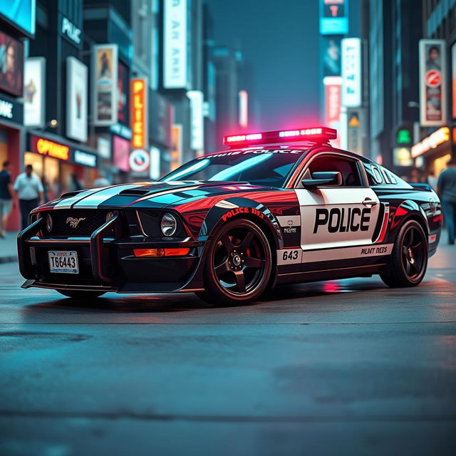 A 2005 Mustang modified into a striking police car featuring a sleek black body paired with bold white doors