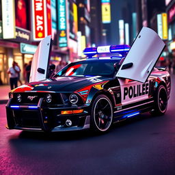 A 2005 Mustang modified into a striking police car featuring a sleek black body paired with bold white doors