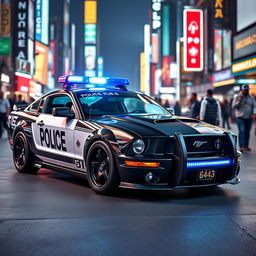 A 2005 Mustang modified into a striking police car featuring a sleek black body paired with bold white doors