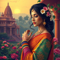 A serene and artistic depiction of the beauty of Indian culture, focusing on an elegant Indian woman dressed in traditional attire, surrounded by vibrant colors and intricate patterns inspired by Indian textiles