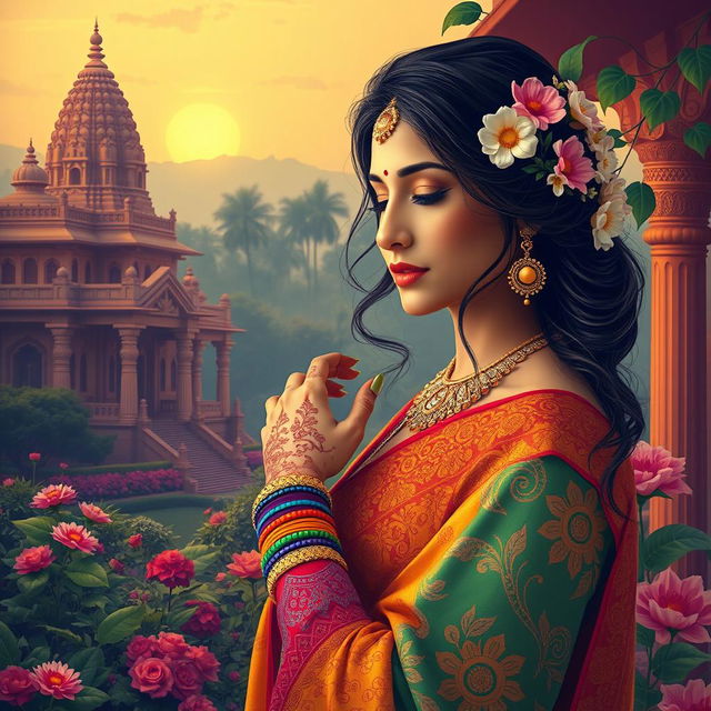 A serene and artistic depiction of the beauty of Indian culture, focusing on an elegant Indian woman dressed in traditional attire, surrounded by vibrant colors and intricate patterns inspired by Indian textiles