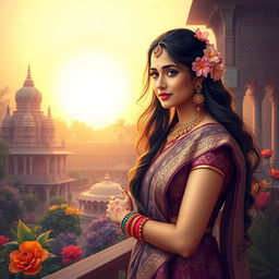 A serene and artistic depiction of the beauty of Indian culture, focusing on an elegant Indian woman dressed in traditional attire, surrounded by vibrant colors and intricate patterns inspired by Indian textiles