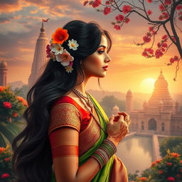 A serene and artistic depiction of the beauty of Indian culture, focusing on an elegant Indian woman dressed in traditional attire, surrounded by vibrant colors and intricate patterns inspired by Indian textiles