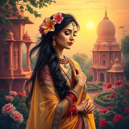 A serene and artistic depiction of the beauty of Indian culture, focusing on an elegant Indian woman dressed in traditional attire, surrounded by vibrant colors and intricate patterns inspired by Indian textiles