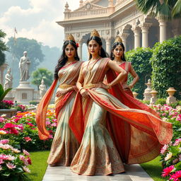 A stunning and artistic representation of ancient Indian heroines depicted as powerful and regal figures