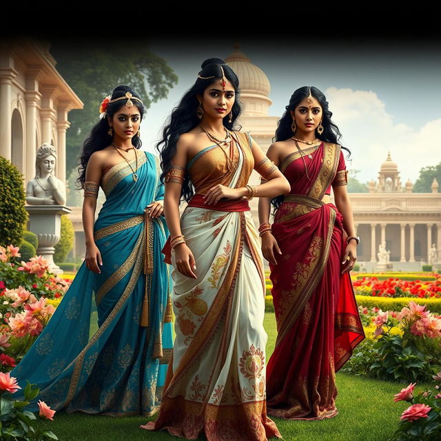 A stunning and artistic representation of ancient Indian heroines depicted as powerful and regal figures