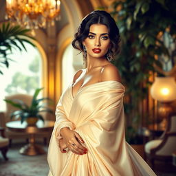 An artistic and elegant representation of a glamorous actress inspired by Bollywood, surrounded by a serene and luxurious setting