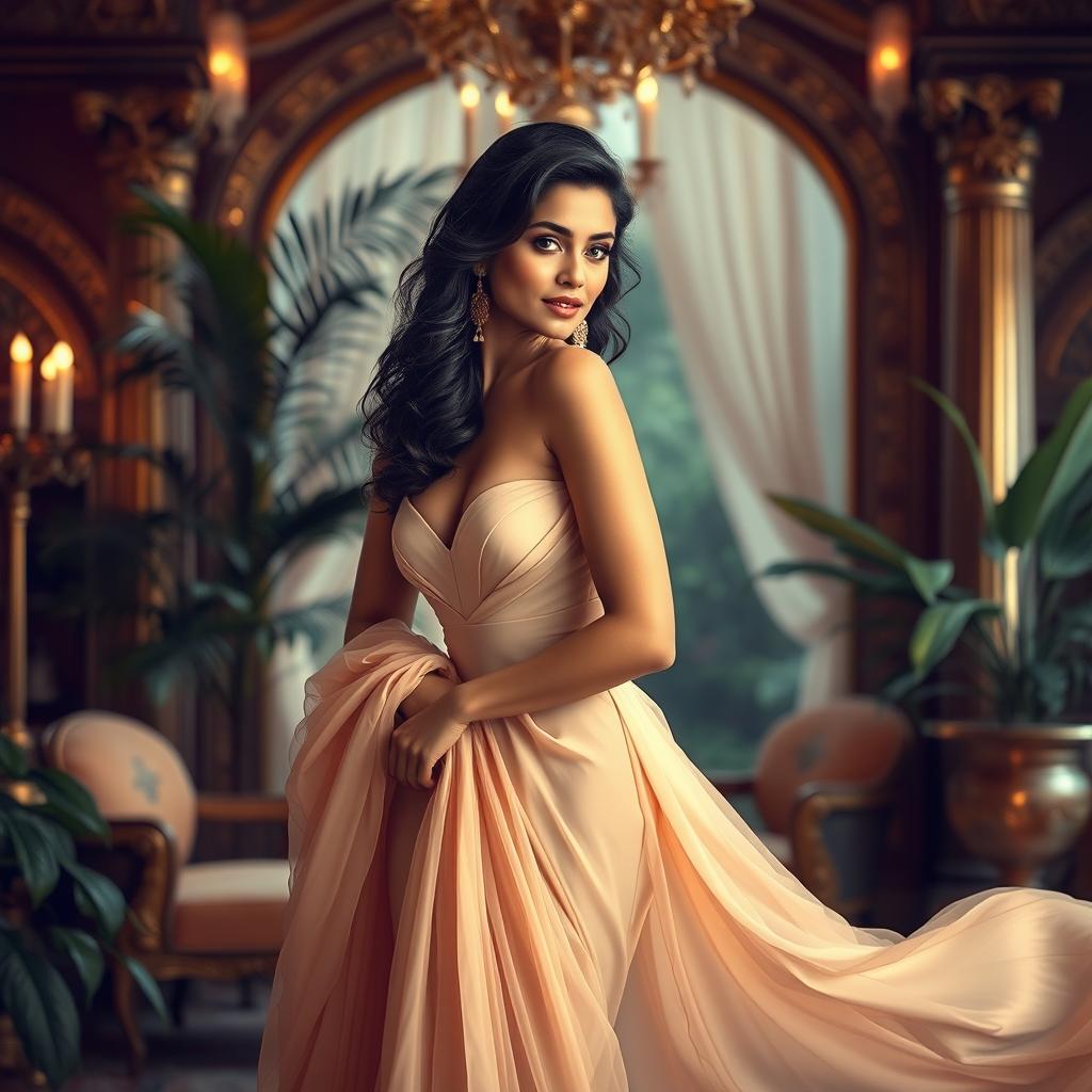 An artistic and elegant representation of a glamorous actress inspired by Bollywood, surrounded by a serene and luxurious setting