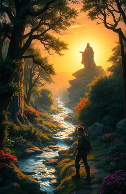 A mystical scene depicting a lush, vibrant forest filled with earthly elements, like towering trees, sparkling streams, and colorful flowers