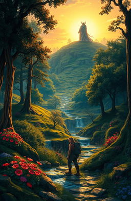 A mystical scene depicting a lush, vibrant forest filled with earthly elements, like towering trees, sparkling streams, and colorful flowers