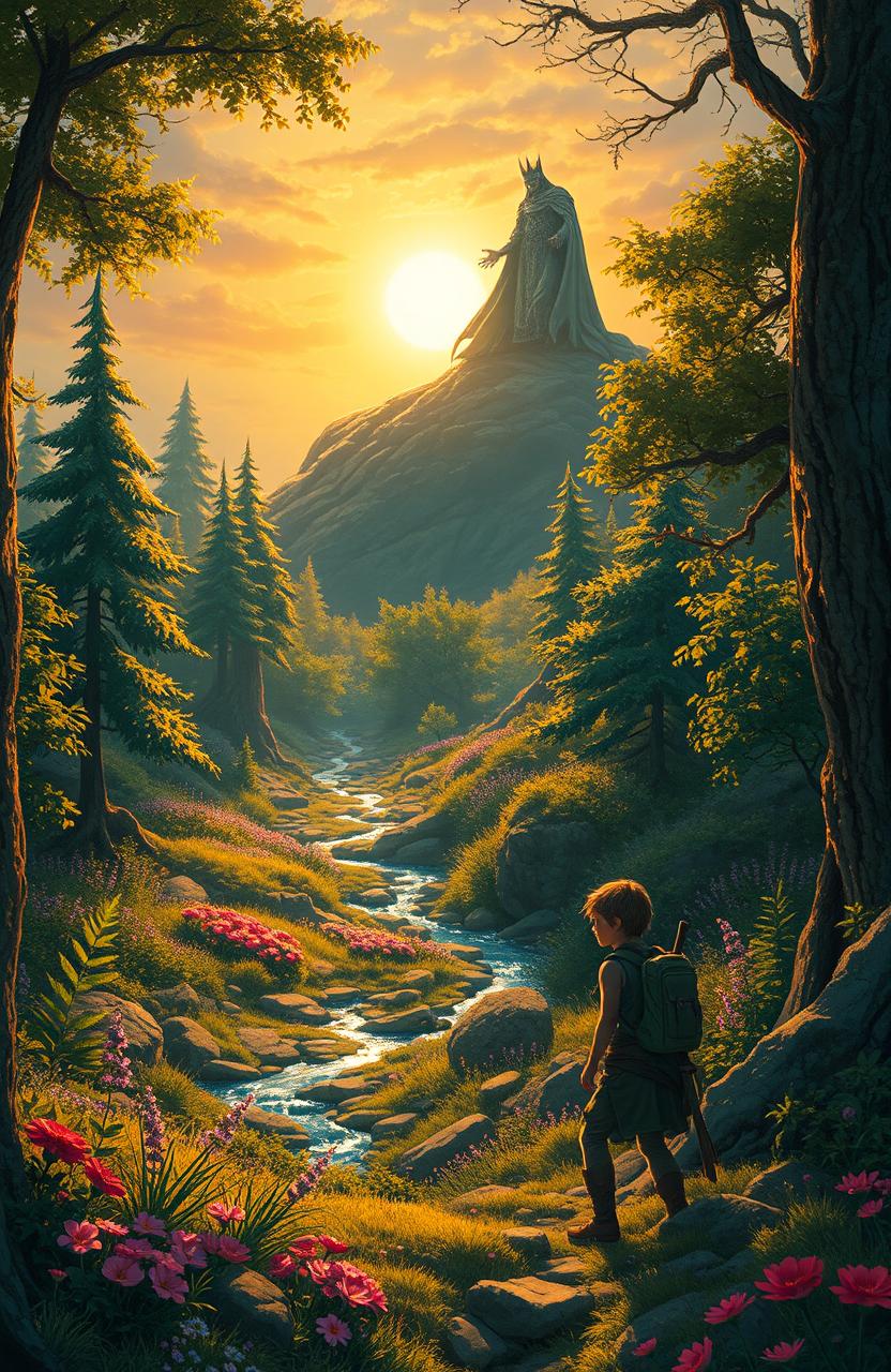 A mystical scene depicting a lush, vibrant forest filled with earthly elements, like towering trees, sparkling streams, and colorful flowers