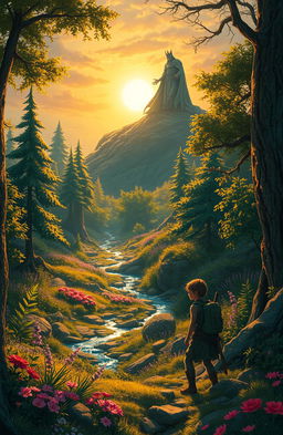 A mystical scene depicting a lush, vibrant forest filled with earthly elements, like towering trees, sparkling streams, and colorful flowers