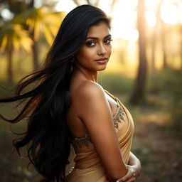 A beautiful Indian woman posing artistically in a serene natural setting, with soft sunlight filtering through the trees