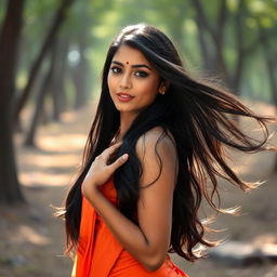 A beautiful Indian woman posing artistically in a serene natural setting, with soft sunlight filtering through the trees