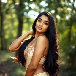 A beautiful Indian woman posing artistically in a serene natural setting, with soft sunlight filtering through the trees