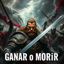 A dramatic scene inspired by the phrase "Ganar o morir", depicting a warrior in a fierce battle