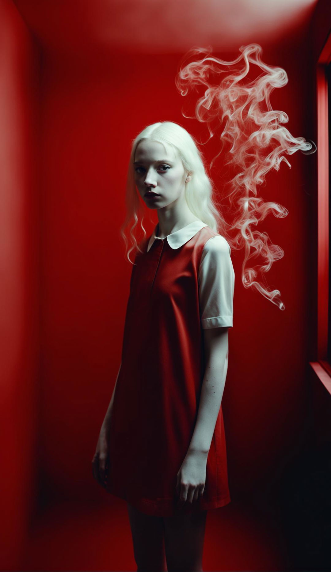 Thin albino teenage girl in white shift dress in a windowless minimalist red room filled with thick black fog-like smoke. Raw, unedited 16k photograph capturing side view of symmetrical facial features under low light.