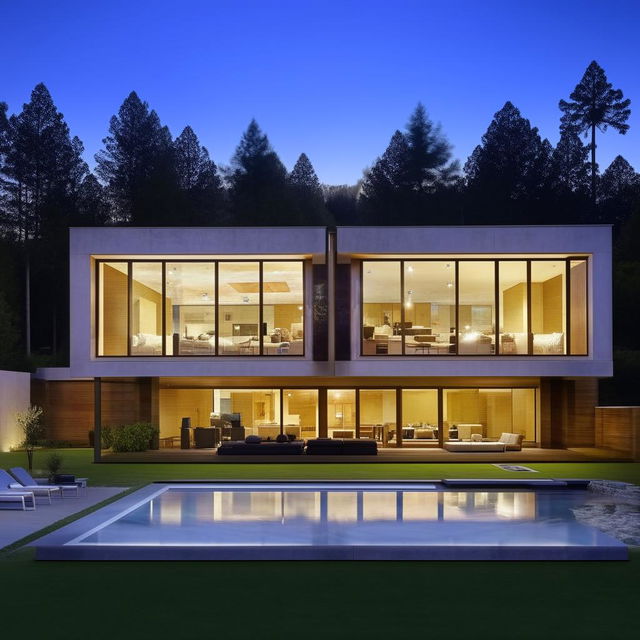 Modern house with expansive high windows, complemented by a stunning outdoor area; a basketball court, a tennis court, and a gleaming swimming pool.