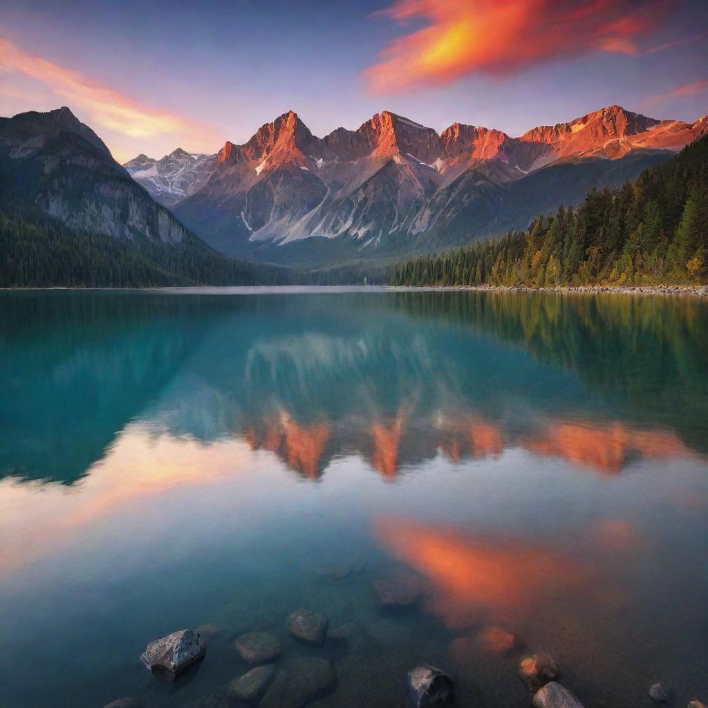 A breathtakingly beautiful scene of a dazzling sunset over a serene lake, with majestic mountains in the backdrop. Colorful hues reflect on the surface of the still water, creating a dreamy and romantic atmosphere.