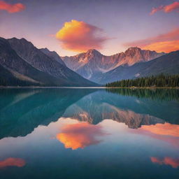A breathtakingly beautiful scene of a dazzling sunset over a serene lake, with majestic mountains in the backdrop. Colorful hues reflect on the surface of the still water, creating a dreamy and romantic atmosphere.