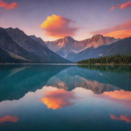 A breathtakingly beautiful scene of a dazzling sunset over a serene lake, with majestic mountains in the backdrop. Colorful hues reflect on the surface of the still water, creating a dreamy and romantic atmosphere.