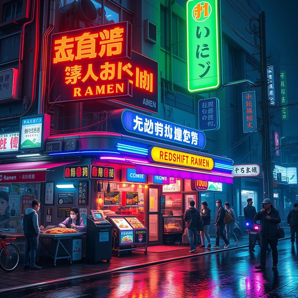 A vibrant, neon-lit Cyberpunk Japanese Ramen shop named 'Redshift Ramen', featuring futuristic architecture with glowing signs and holographic menus