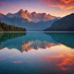 A breathtakingly beautiful scene of a dazzling sunset over a serene lake, with majestic mountains in the backdrop. Colorful hues reflect on the surface of the still water, creating a dreamy and romantic atmosphere.