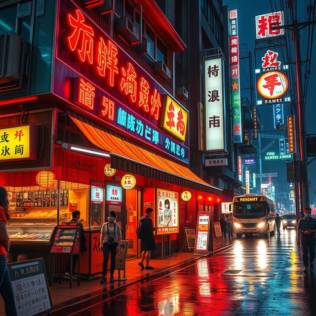 A vibrant, neon-lit Cyberpunk Japanese Ramen shop named 'Redshift Ramen', featuring futuristic architecture with glowing signs and holographic menus