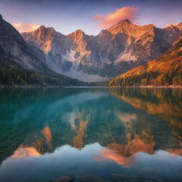 A breathtakingly beautiful scene of a dazzling sunset over a serene lake, with majestic mountains in the backdrop. Colorful hues reflect on the surface of the still water, creating a dreamy and romantic atmosphere.