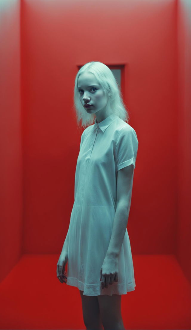 Thin albino teenage girl in white shift dress in a windowless minimalist red room filled with fog. Raw, unedited 16k photograph capturing side view of symmetrical facial features under low light.