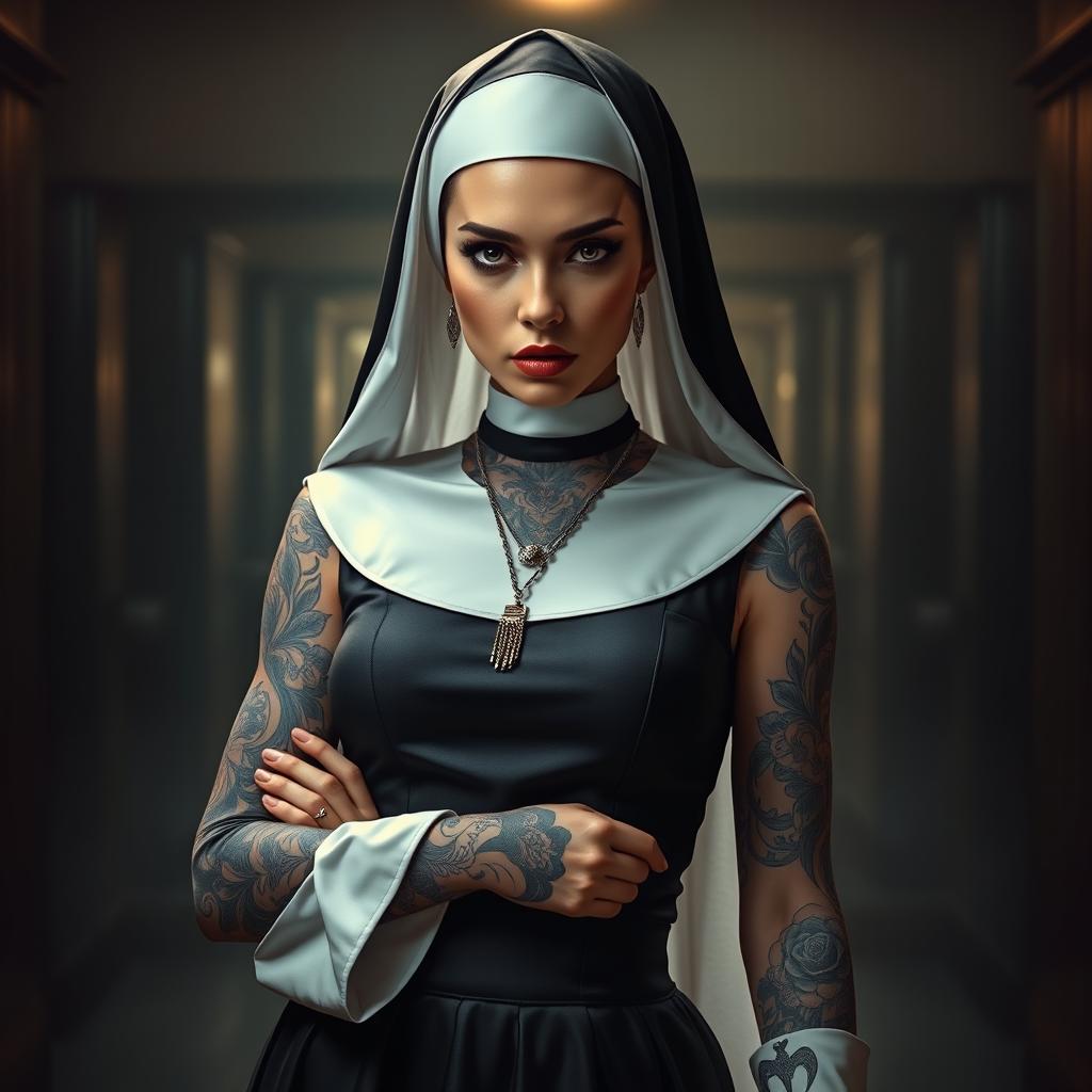 A striking female character dressed as a nun, inspired by the aesthetic of a heist movie, featuring intricate tattoos visible on her arms and neck