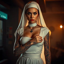 A striking female character dressed as a nun, inspired by the aesthetic of a heist movie, featuring intricate tattoos visible on her arms and neck