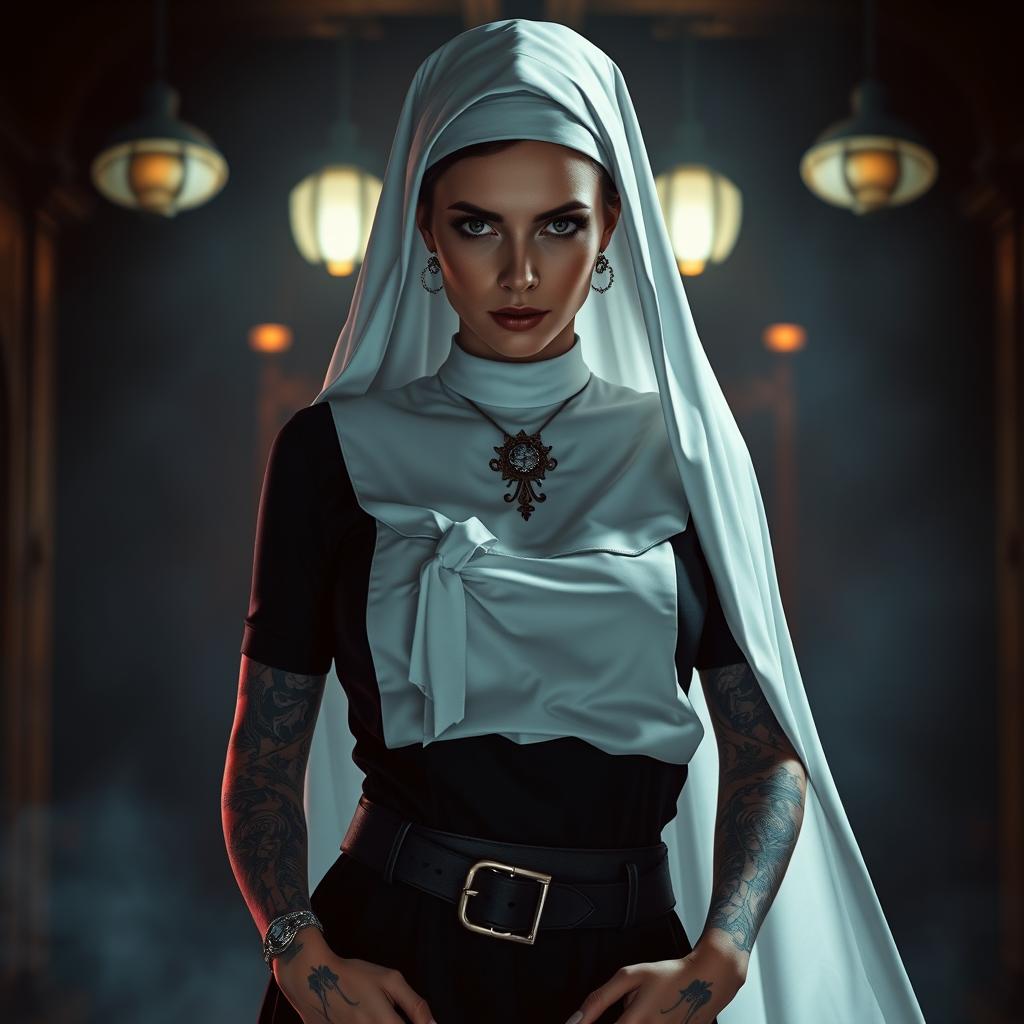 A striking female character dressed as a nun, inspired by the aesthetic of a heist movie, featuring intricate tattoos visible on her arms and neck