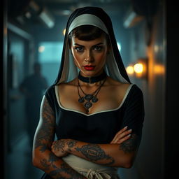 A striking female character dressed as a nun, inspired by the aesthetic of a heist movie, featuring intricate tattoos visible on her arms and neck